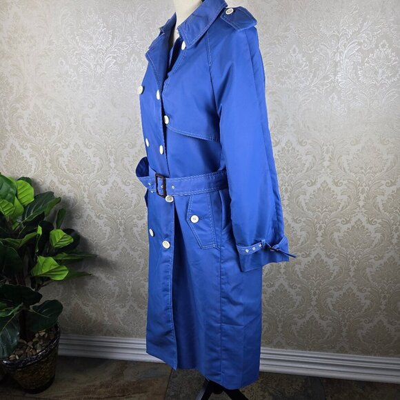 J Crew Size 4 Light Blue Trench Coat White Stitching Double Breasted Nylon Shell - Picture 7 of 16